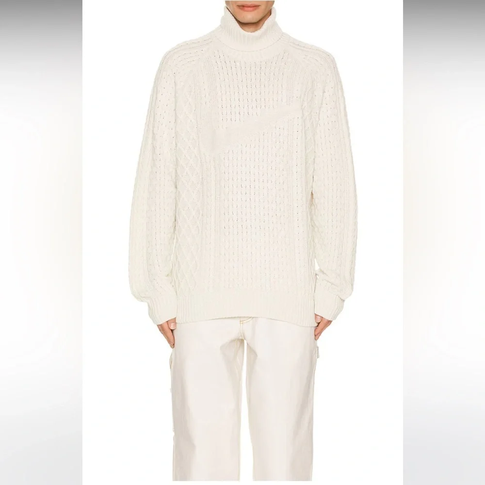 Nike Life Mens Cable Knit Turtleneck Off White Chunky Relaxed Large Sweater NWT